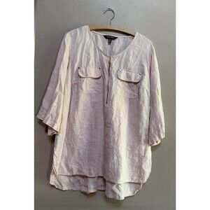Ellen Tracy 100% Linen Pink Half Zip Roll-Tab Tunic Top Plus Size 1X  Boho Coast